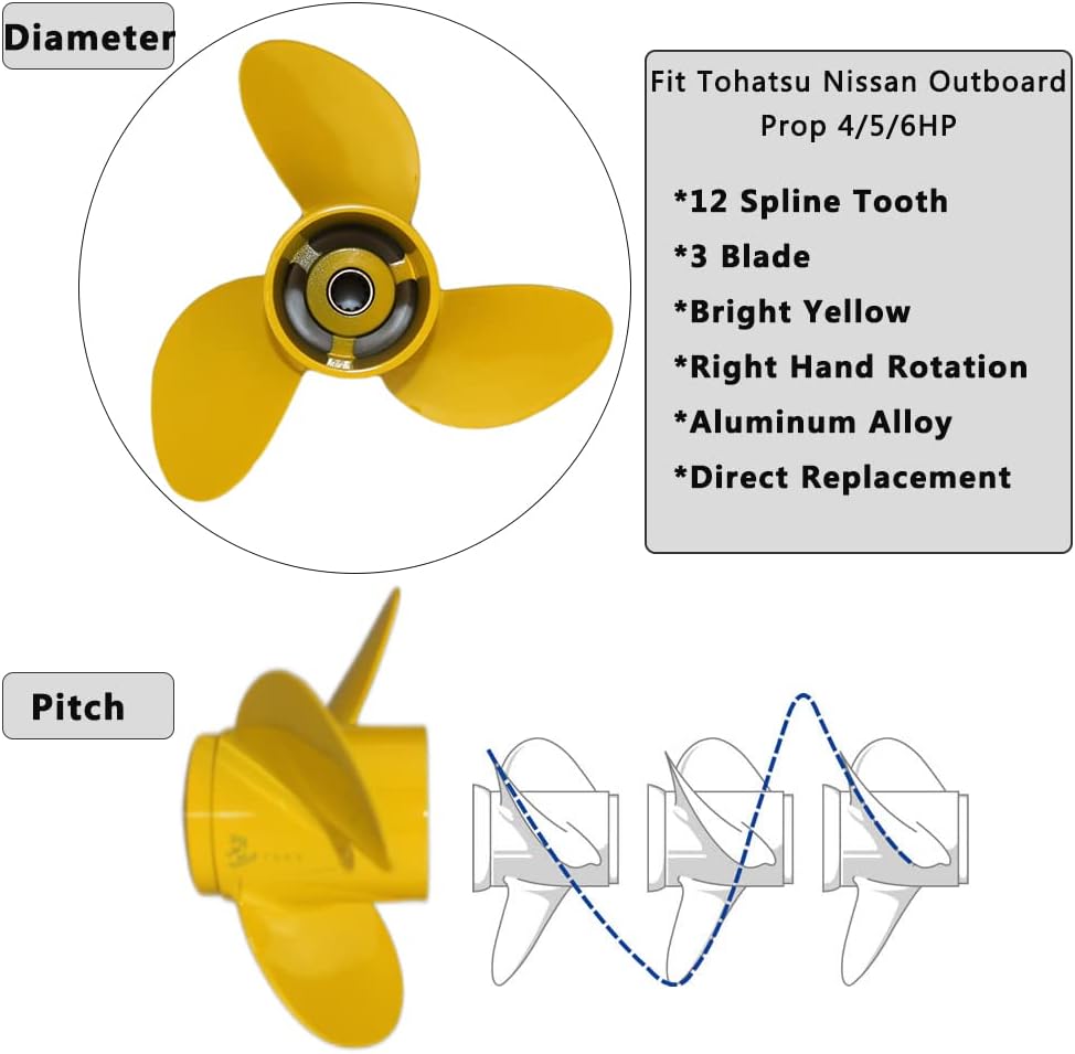 Boatman Outboard Propeller(7.8x7,7.8x8,7.8x9) fit Tohatsu Nissan Engines 4/5/6 HP,12 Spline Tooth(Bright yellow)