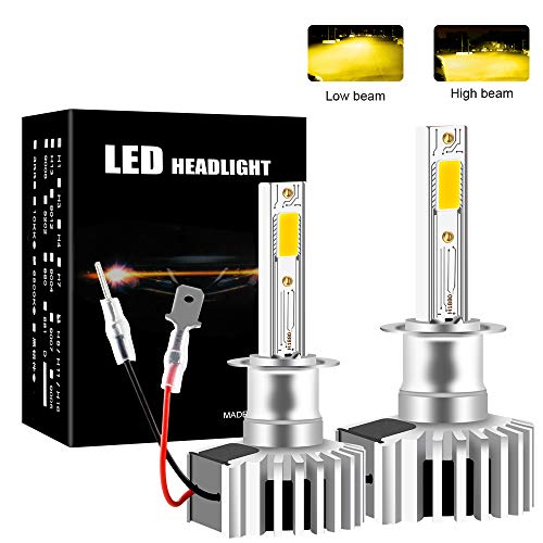 Chemini Bombilla de faro LED para automóvil H1, foco de luz baja/luz alta, diseño de bombilla halógena 1: 1, chip COB de alto brillo 3000K amarillo 60W
