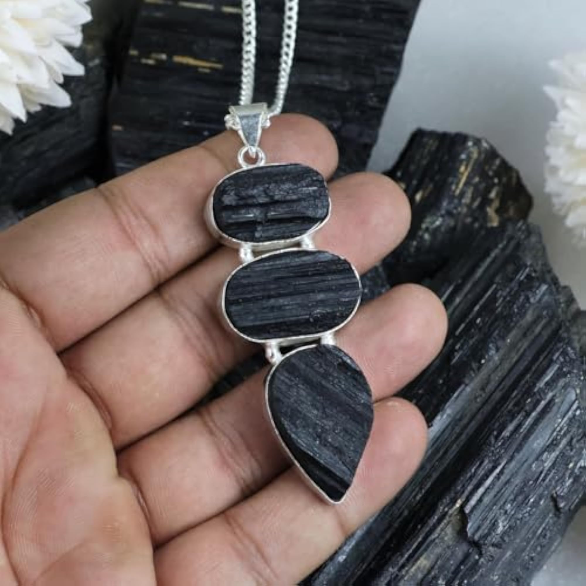 AAA Black Tourmaline Pendant with Metal Chain, Unisex