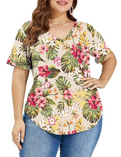 Boho Tops For Women Summer Short Sleeve Floral T Shirts With Pocket Tee Beige 2Xl #TOP3