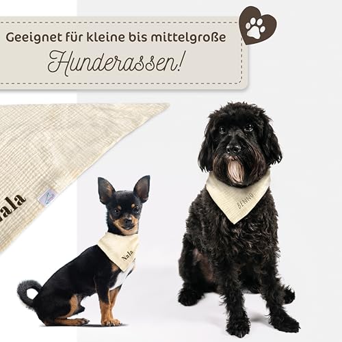 Hundehalstuch mit Namen Bestickt, Oeko-TEX® Standard 100 - Personalisiertes Hunde Halstuch als Geschenk für Hundeliebhaber (Beige)
