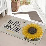 SOOYAH Sunflower Bee Indoor Door Mat, Hello Sunshine and Yellow Bloom Front Doormats, Cheerful Entryway Area Rug 17x29.5 Inch Soft Non Woven Floor Mats for Porch Kitchen Bathroom Decor Gifts
