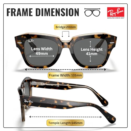 Image of Ray-Ban RB2186 STATE STREET Square Shaped Sunglasses for Women with Official RAYBAN Eyewear Kit