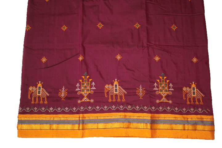 Image of Women Ilkal Cotton Blended Silk Kasuti Embroidery Saree with Traditional Stripe Pallu Unstitched Blouse Pattu