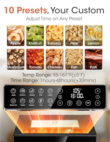 Manastin Food Dehydrator Machine, With Large 10 Stainless Steel Trays, 850W Dryer for Meat Jerky, Fruit Vegetable, 95-167℉ Temperature Control, 48H Timer,10 Presets, Overheating Protection