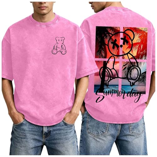 Image of Men's Printed T Shirt Round Neck Short Sleeve Classic Fit Casual and Lightweight Oversized Shirt for Sports, Fitness and Holidays, Pink, XXL