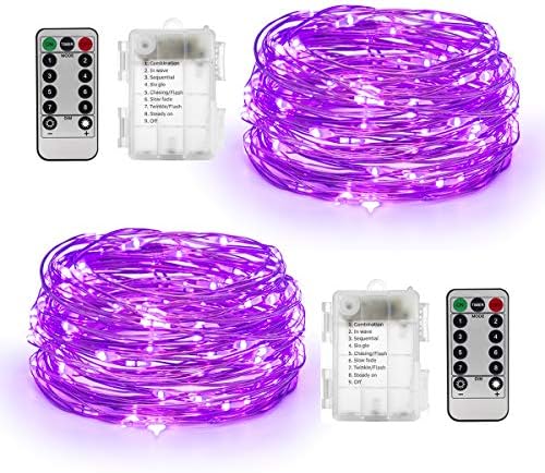 YIHONG 2 Set Halloween Purple Fairy Lights, 16.4ft 50Leds Battery Operated Christmas String Lights,8 Modes Firefly Twinkle Lights with Remote Control for Bedroom Garden Party Indoor Decor