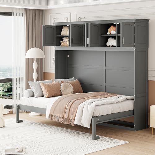 Ball & Cast Queen Size Murphy Bed with Top Storage Lockers and Metal Chain,Wood Hidden Closet Bed W/Slats Support,Space-Saving,Easy Assembly,for Bedroom,Guest Room,Home,Office,Gray by Ball & Cast - Image 2