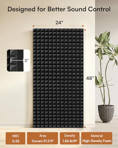 Image of SODOCT 4 Pack Large Pyramid Acoustic Foam Panels, 48 x 24 x 2 Inches High Density Sound Proof Foam for Walls, Professional Sound Absorbing Studio Panels for Home Theater, Recording (Black)