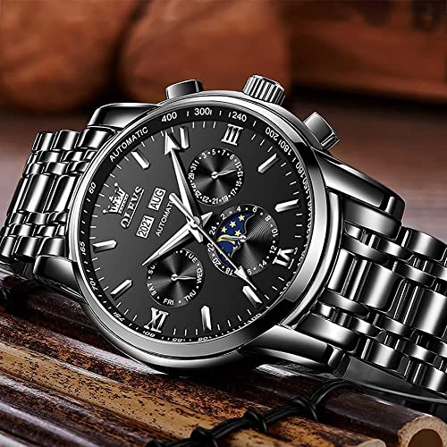 Image of OLEVS Automatic Men Watch Self Winding Mechanical Luxury Dress Moon Phase Stainless Steel Waterproof Luminous Calendar Wrist Watch