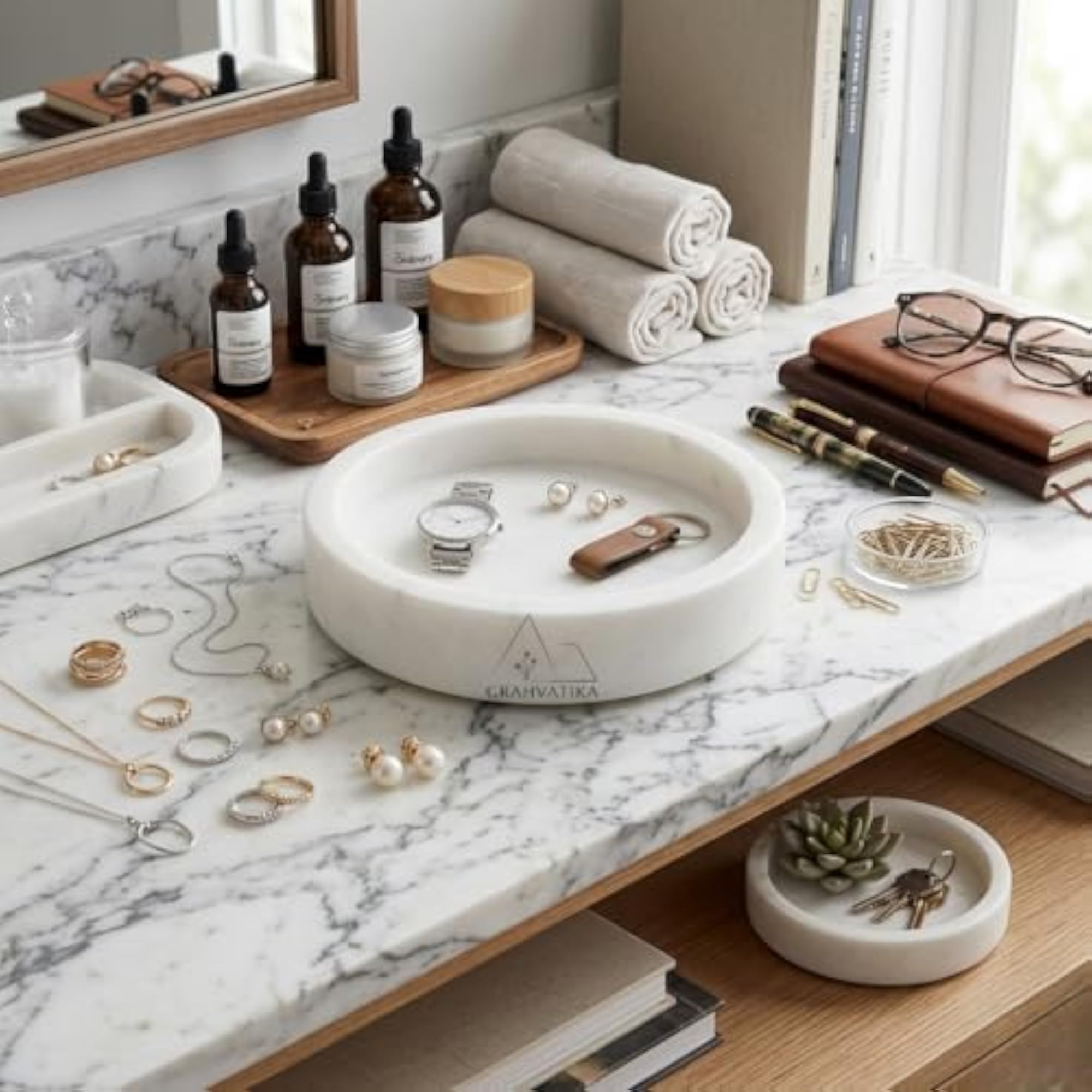 Round White Marble Decorative Tray for Jewellery & Accessories
