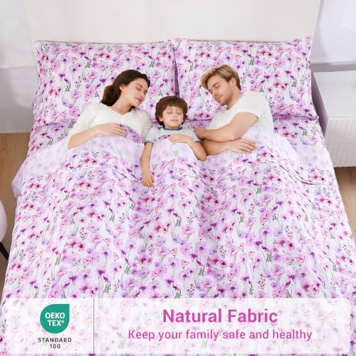 Image of Softan Purple Floral Full Sheet Set, Cozy Printed Microfiber Bed Fitted Sheets with 15 inch Deep Pocket & Non-Slip Corner Straps, Girls Lavender Blooms Flower Patterned Double Sheets & Pillowcase Set