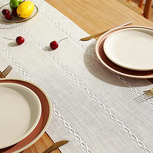 Chassic Rustic Farmhouse Style Linen Table Runner, Boho Handmade Fringe Braided Stripe Table Runners 90 Inches Long For Holiday Party, Wedding And Dining Decorations, 13 X 90 Inch - Ivory #TOP3