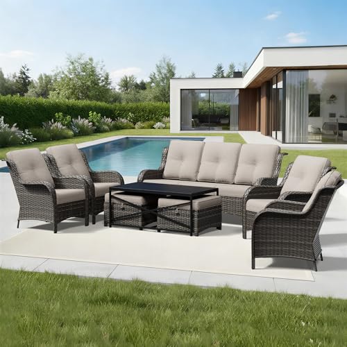 Image of Joyside 8 Piece Wicker Patio Furniture Set, Rattan Patio Chairs with High Back, Deep Seating, Wide Armrest, Thickened Cushions, Outdoor Furniture for Deck, Porch Use