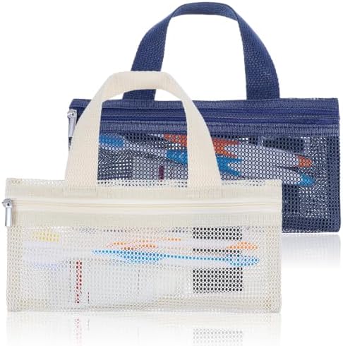 FAIRY CORA 2 Pcs Travel Toothbrush Bags, Portable Mesh Storage Pouches with Zipper for Men and Women, White and Navy