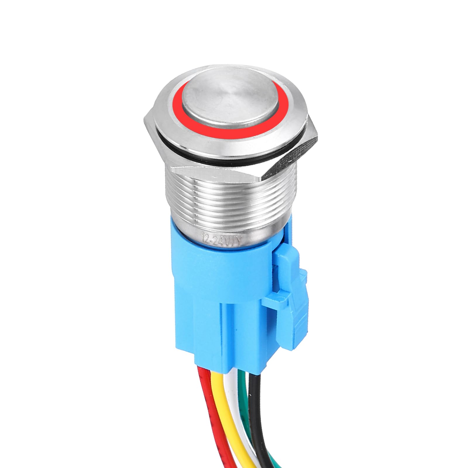 DMiotech 1 Pcs 3/4" Stainless steel Momentary Push Button Switch 5Pin 1NO1NC 5A 12-24V Silver High Top Button Red Ring Lamp with Socket Plug with Wire for Car Boat Systems