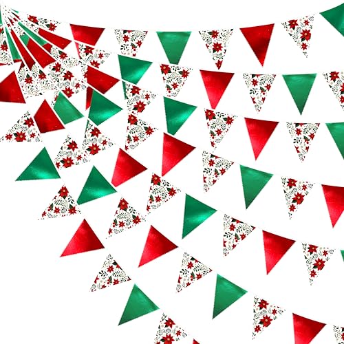pinkblume 赤と緑のホーリーベリークリスマス 布ガーランド三角旗バナーパーティーデコレーション約10m長 古典的なレッドグリーンクリスマスイブ ペナント旗飾りクリスマス新年 お祭りカーニバル 結婚式 誕生日 ピクニックアウトドア旗 子供部屋の装飾 モールカフェクリスマス飾り付けの商品画像（Amazon）