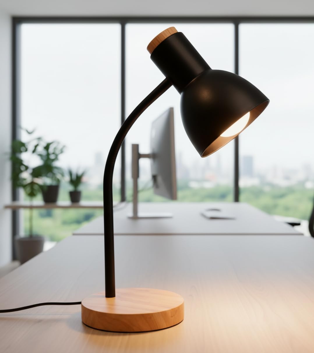 BEL AIR HOME | Lámpara flexo de escritorio ARGOS | 40 cm, negro, madera natural y metal | Cuello flexible, base antideslizante, cable con interruptor | Iluminación eficiente y elegante