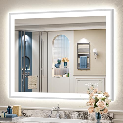 Image of 44x36 Brushed Nickel LED Bathroom Mirror with Lights, Backlit & Front-Lit, Anti-Fog, Framed Lighted Vanity Mirrors for Bathroom Wall, Dimmable, 3 Colors, Memory, Shatter-Proof, Tempered Glass