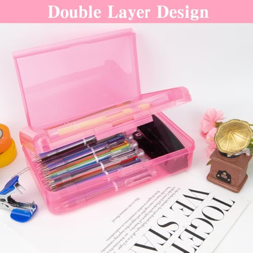 Image of Pencil Case, Double Layer Large Capacity Pink Plastic Pencil Box, Clear Crayon Box, Hard Pen Boxes with Snap-tight Lid, Storage Art Craft Box Marker Organizer for Kids Boys Offices School Supplies