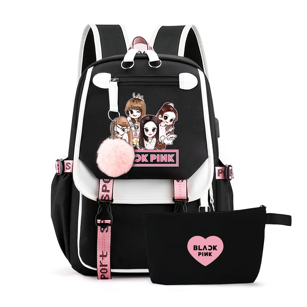 Kpop Anime Black Backpack Pink Lisa Rose Jennie JISOO Bag（E6）