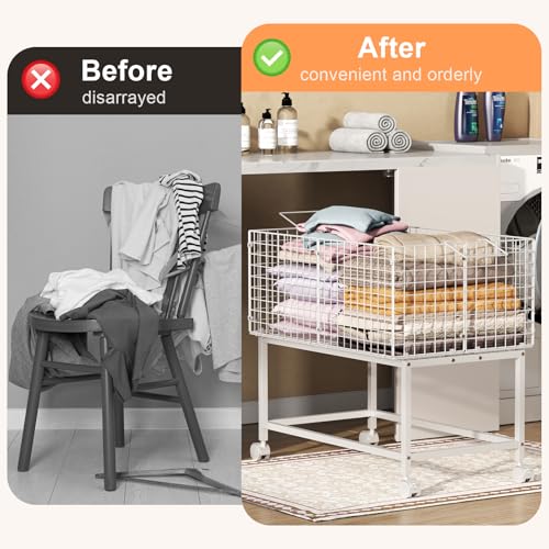 Image of Large Rolling Laundry Basket Cart,Wire Laundry Hamper Cart with Handle and Wheels,White High Laundry Hamper for Laundry Room,Bedroom and Bathroom-120L White (29.5 inchL*19.7 inchW*27.95 inchH inch)