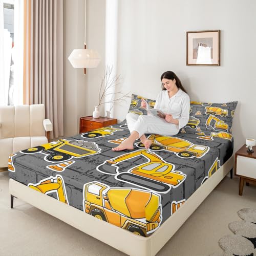 Erosebridal Boys Excavator Bedding Set Twin Size, Tractor Truck Fitted Sheet for Kids Child Girls Teens Bedroom, Construction Vehicle Crane Bed Set Blender Gray Wall Cartoon Bed Cover, Grey Yellow