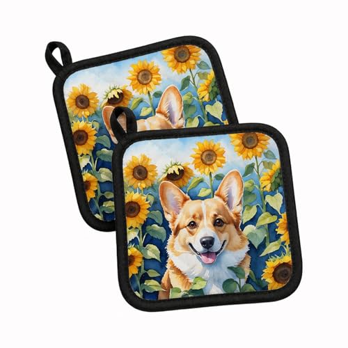 Caroline's Treasures Corgi in Sunflowers Pair of Pot Holders Kitchen Heat Resistant Pot Holders Sets Oven Hot Pads for Cooking Baking BBQ, 7 1/2 x 7 1/2