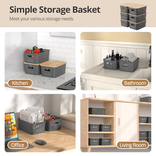ZFTMRR Plastic Storage Baskets with Bamboo Lids, Stackable Small Box Bins for Organizing and Containers for Shelves Drawers Desktop Closet Pantry Classroom Office Home, 6 Pack 10.2x7.2x4.1 Inch, Gray — view 4