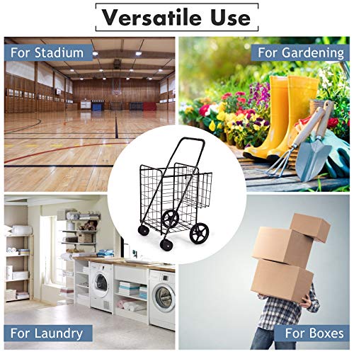 Happygrill Folding Shopping Grocery Cart Metal Rolling Cart with Double Basket Non-Slip Handle and Swivel Wheels, Light Weight Utility Cart for Laundry Book Luggage Travel - Thumbnail 3