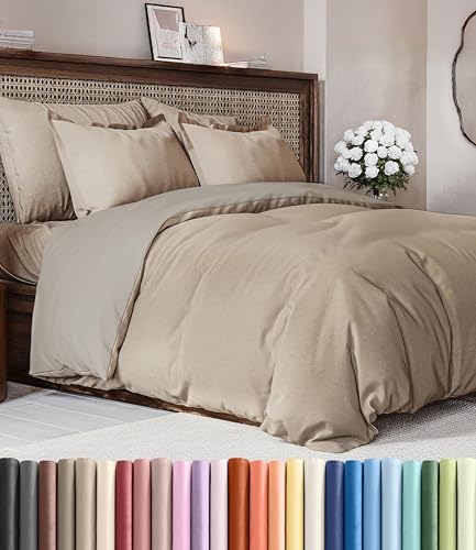 Image of Duvet Cover Full Size Set - Extra Soft Full Duvet Cover 80 inch x 90 inch with 2 Pillow Shams for Women, Men, Kids & Teens - Hotel Luxury w / Zipper Closures & Ties - Comfy, Cozy & Breathable (Heathered Beige)