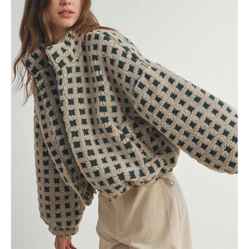 Womens Checkered Sherpa Jacket Cropped Long Sleeve Plaid Fleece Coats Casual Zip Up Gingham Outwear with Pockets4
