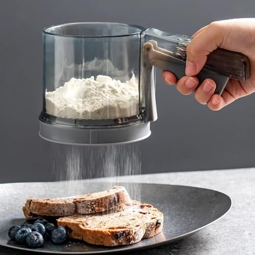 TMZELOA Tamis à Farine Semi-Automatique Double Maille en Acier Inoxydable 304 - Tamis à Sucre Glace, avec Matériau PP, Design Transparent, Idéal pour la Pâtisserie, Gâteaux et Plus