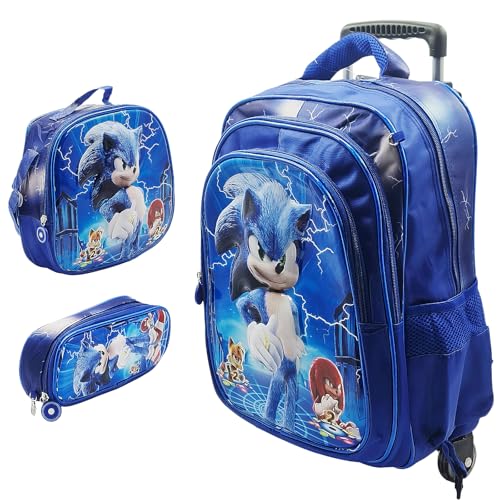 Mochila Escolar Infantil de Rodinhas Com Estojo e Lancheira Térmica Sonic Kit 3 Peças [Kadê]