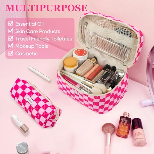 3 Pieces Makeup Bag Large Quilted Cosmetic Bag, Cotton Make Up Bag Travel Toiletry Bag for Mom Girlfriend Wife Women (Red)4