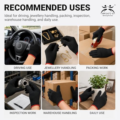 Image of AM Safe-X Premium Black Cotton Gloves for Men & Women | Lightweight Breathable Knitted Gloves | Soft Stretch Fit | Reusable Hand Protection for Driving, Gardening, Warehouse & General Use | 2 Pair