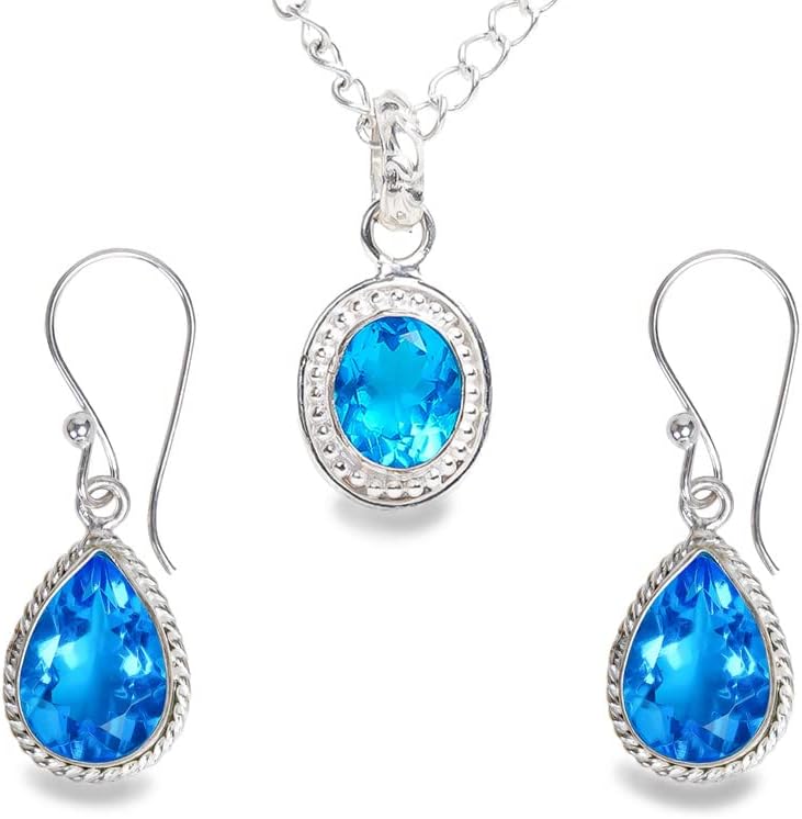 Sterling Silver Teardrop Pendant Necklace & Dangle Earring Sets for women Gemstone And 925 Sterling Silver Pendant Necklace Set