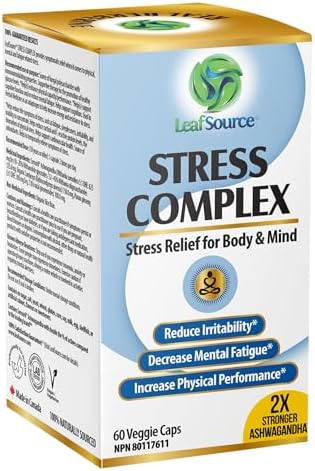 LeafSource Stress Complex 60 Capsules, Made in Canada, Relieves Stress Symptoms, Decreases Irritability, Relaxes & Calms the Mind, Improves Focus & Sleep, Less Fatigue More Energy, with Ashwagandha