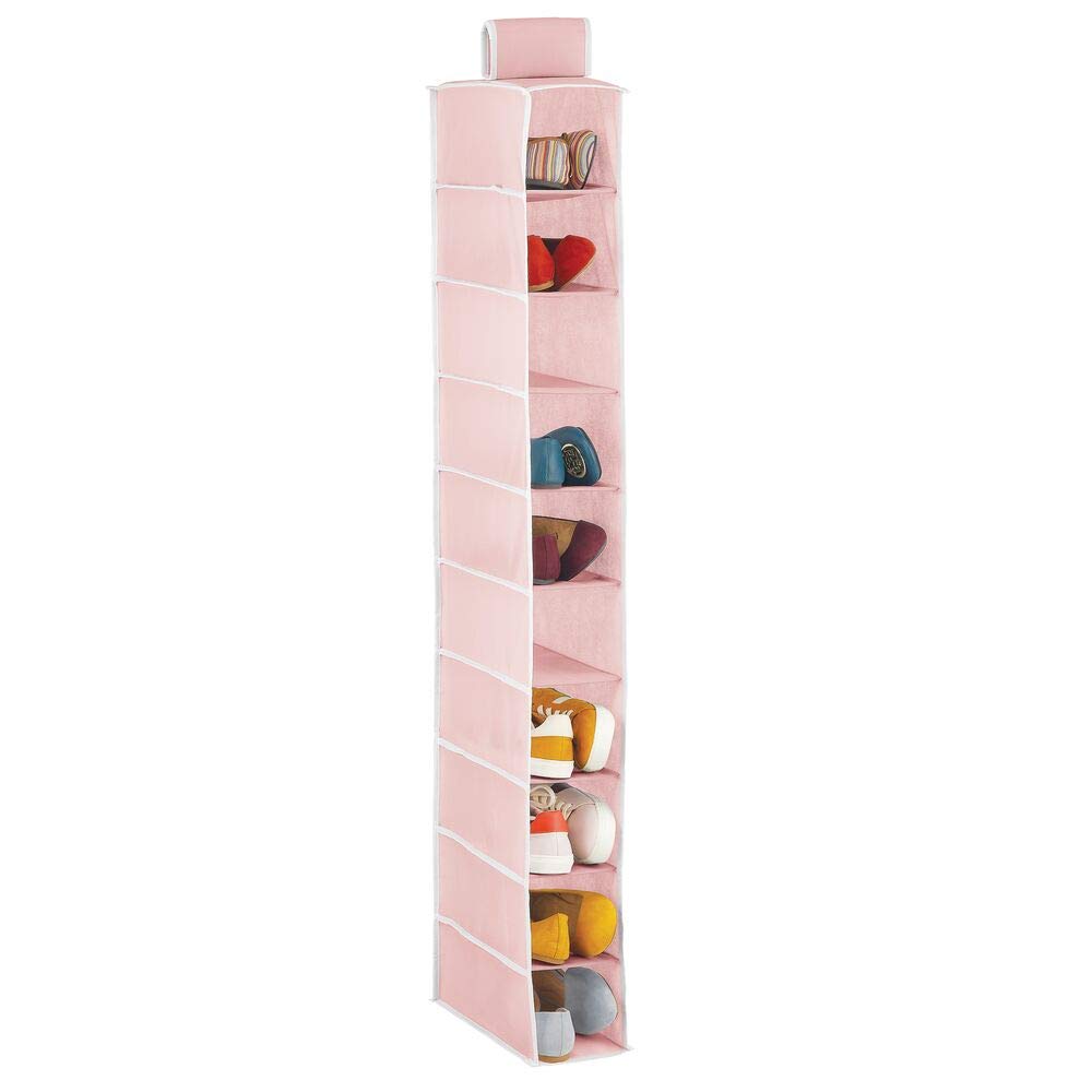 mDesign Hanging Shoe Rack — Practical Wardrobe Storage Solutions for Shoes, Towels or Linen — Fabric Hanging Shoe Storage with 10 Compartments — Pink/White