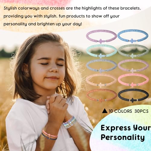 30 Pcs Cross Bracelets Bulk Jesus Bracelets Handmade Elastic Colorful Polymer Clay Beaded Religious Wristbands Christian Wristbands for Women Kids Sunday Halloween Christmas4
