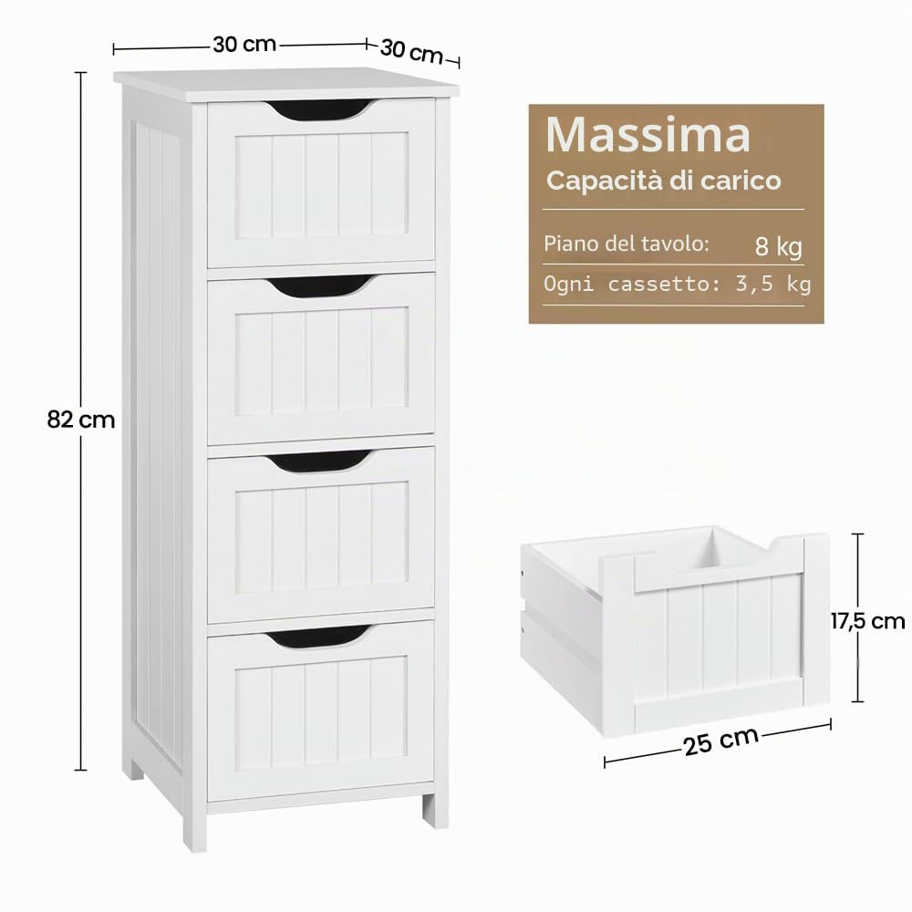 Yaheetech Mobile da Bagno Cassettiera con 4 Cassetti Armadio Autoportante Mobiletto Ausiliario Bagno Salvaspazio 30 x 30 x 82 cm Bianco