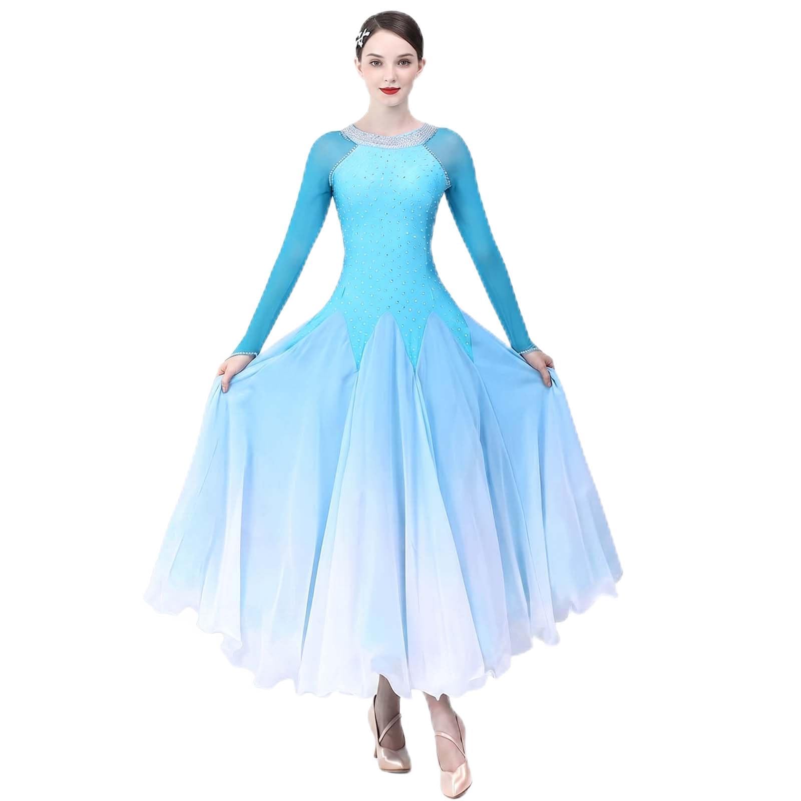 purpleq Professionelles Standard Tanzkleid für Turniere, Elegantes Walzer Kleid mit Strass, Langarm Performance Kleid, Hochwertiges Tanzsport Outfit mit Farbverlauf