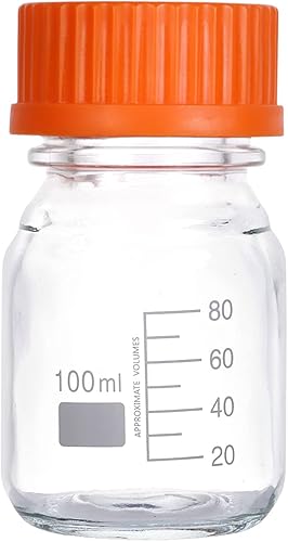 Moonetto 20 botellas de vidrio redondas de almacenamiento de medios de laboratorio graduado de 3.4 fl oz con tapa naranja de polipropileno GL45