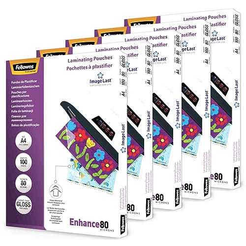 Fellowes Lot de 500 Pochettes de plastification A4 | 80 microns - 5x Pack de 100 pochettes - Technologie ImageLast pour protéger vos documents/photos, 5306127