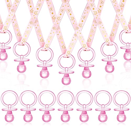 24 Pcs Baby Shower Pacifiers Acrylic Necklace for Chupones Para Baby Shower Pacifiers Party Favors Charm Pacifiers Necklace for Girls Boys Baby Shower Games Party Table Scatter Decorations (Pink)