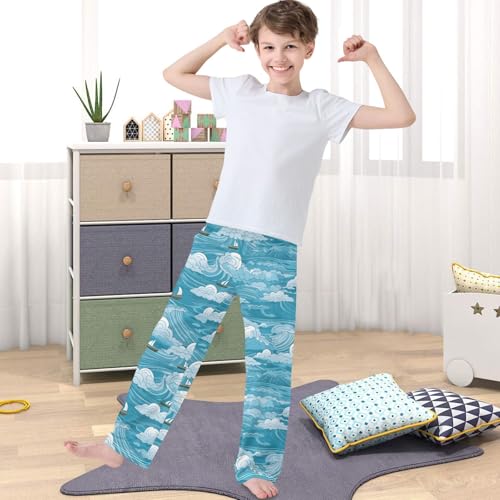 Boy's Pants Sea Wave White Sailboat Jogger Pants Elastic Waist Long Bottoms Trousers with Pockets 6-14 Years4