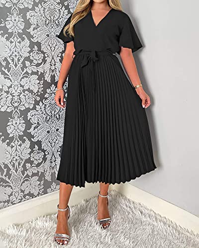 Btfbm Women Wrap V Neck Casual Summer Dresses 2023 Short Sleeve Satin Tie Waist Pleated Flowy Wedding Guest Midi Dress(Solid Black, Medium) #TOP1
