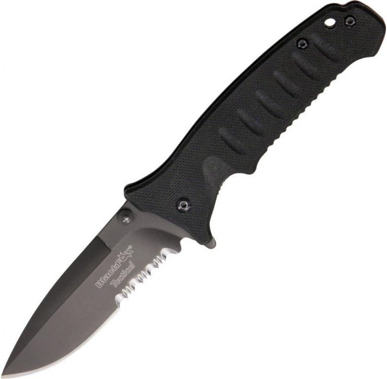 Black Fox Tactical Linerlock Fold Knife, 4in, SS assisted opening partially serrated spea, Grooved