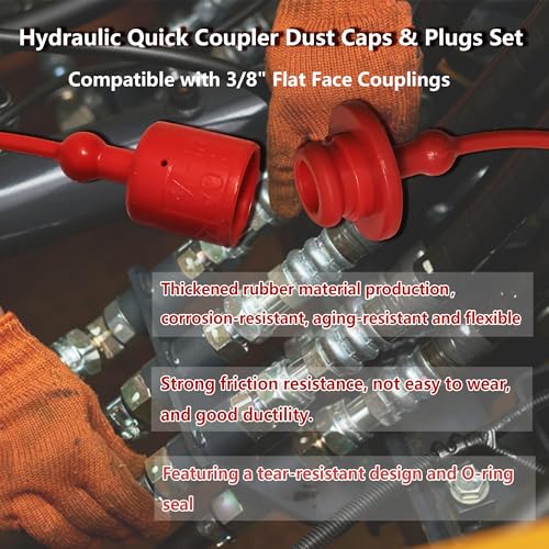Image of 8 Pcs Hydraulic Quick Coupler Dust Caps & Plugs Set, Compatible with 3 /8 inch Flat Face Couplings for Bobcat Skid Steer, for John Deere Tractor