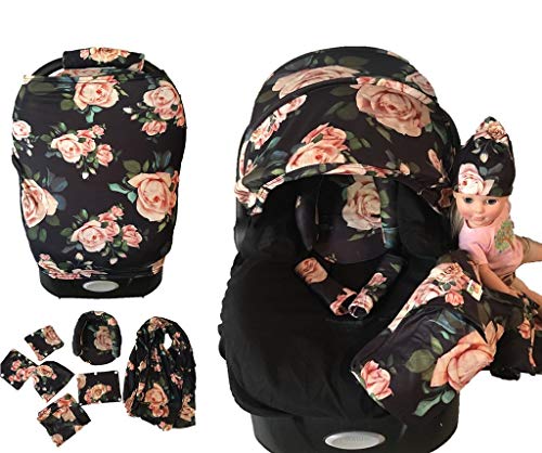 9pc Baby Boy Baby Girl Ultimate Set of Infant Car Seat Cover Canopy Headrest Blanket Hat Nursing Scarf, 21DR02